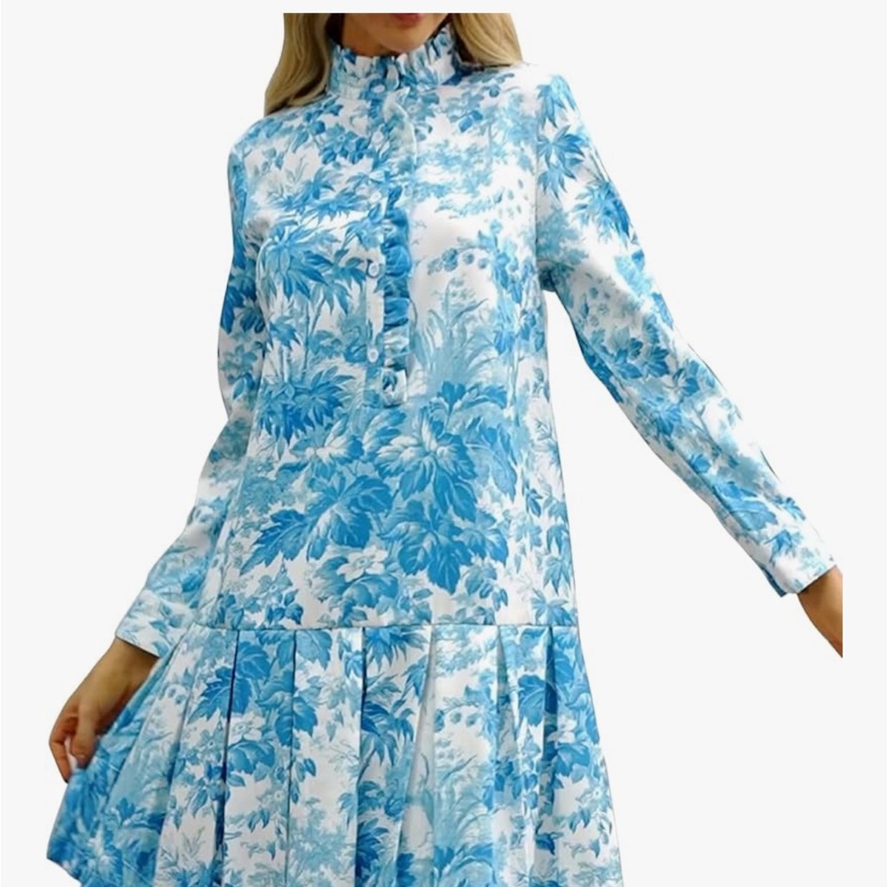 Blue and White Floral Drop-Waist Dress